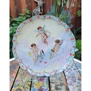 Antique Limoges Hand-Painted Cherub Plate — Musical Putti, Gilded Scalloped Rim,